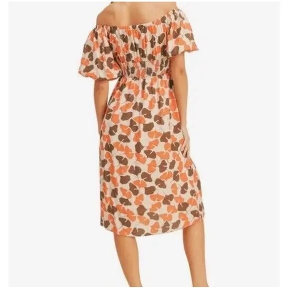 NWT PUFF SLEEVE OFF THE SHOULDER MIDI DRESS IN ORANGE BROWN - Medium - Picture 3 of 7